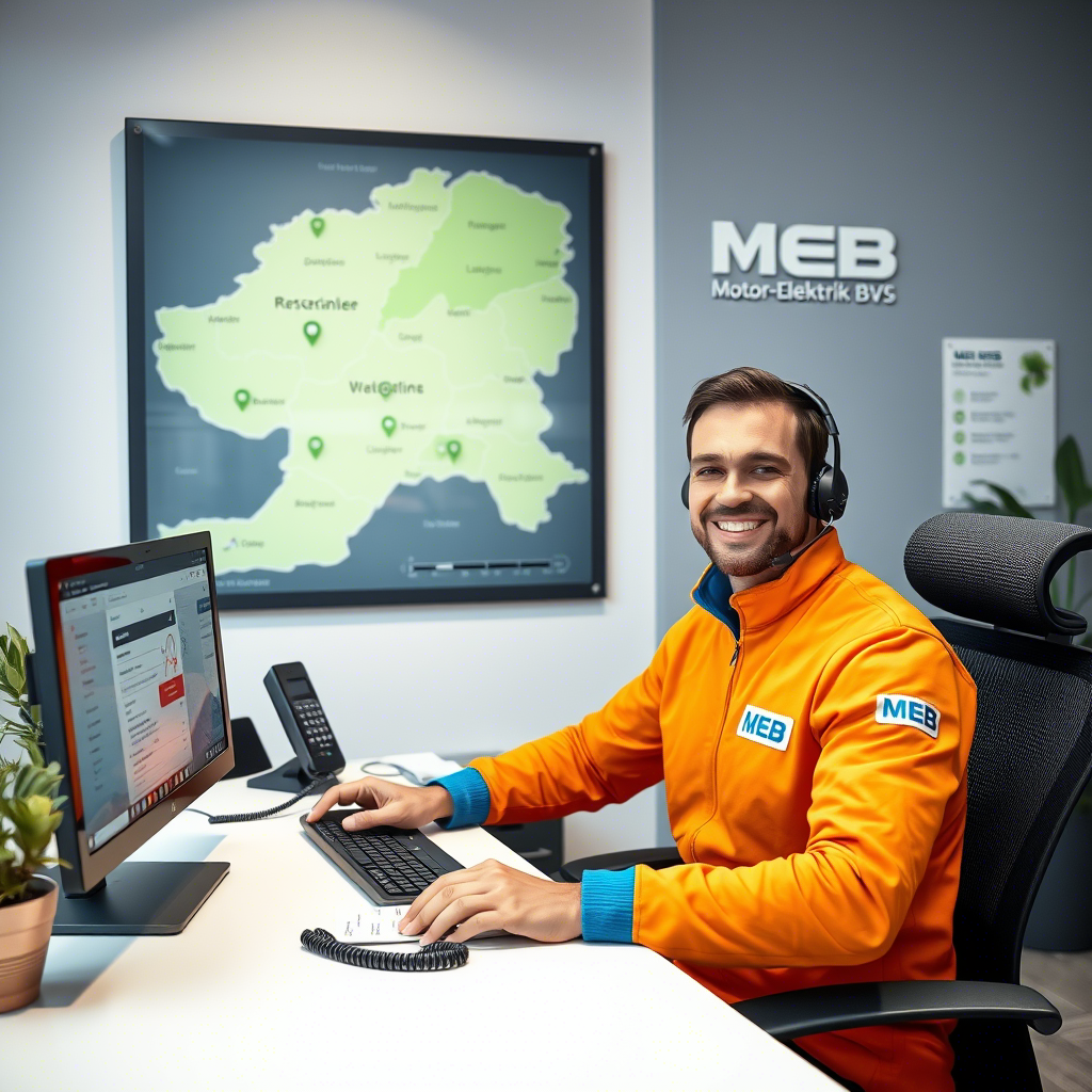MEB-Kundendienstmitarbeiter beantwortet eine Service-Anfrage am Telefon und per E-Mail.